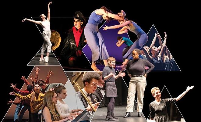 Overlapping photographs of music, theatre, and dance students in performance